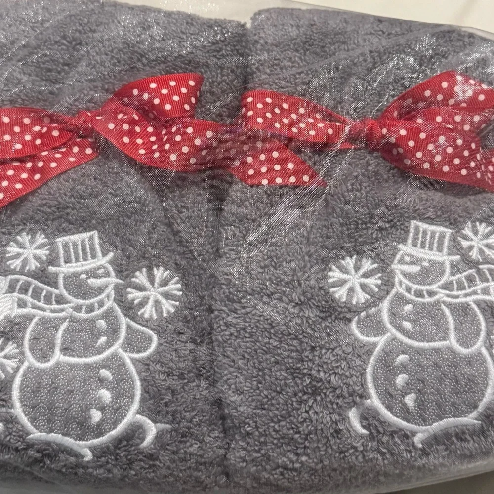 Gray Snowman Hand Embroidered Towels